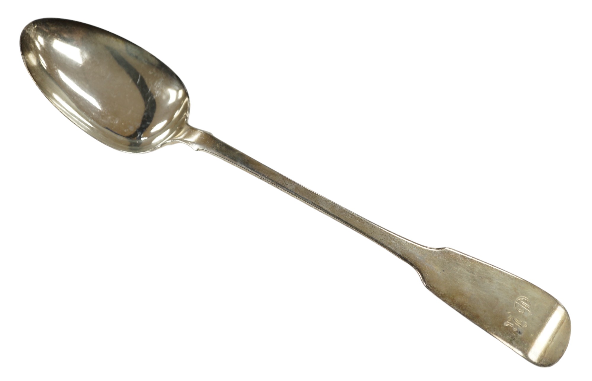 A William IV provincial silver fiddle pattern basting spoon, by Jonathan Ramsay, Exeter, 1831, with engraved initials, 30.5cm. Condition - fair